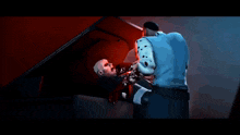 a cartoon character with blood on his face is holding his arms up in the air