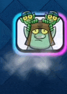a cartoon character wearing a helmet and goggles is being held by two goblins .