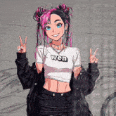 a girl with pink hair is wearing a crop top that says wen