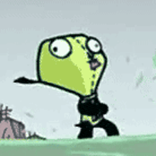 a cartoon character is running in the grass with a gun in his mouth .