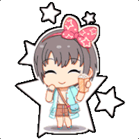 a cartoon girl with a pink bow on her head is holding a gift box .