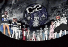 a group of anime characters are standing in front of a large c2 logo