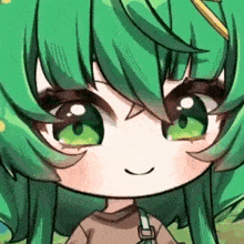 a close up of a cartoon girl with green hair and green eyes .