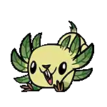 a cartoon axolotl with leaves on its body and a bird 's head .