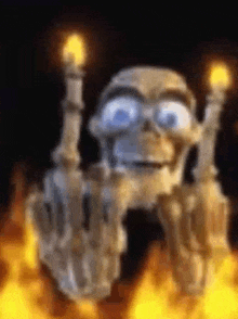 a cartoon skeleton is holding two candles in his hands .