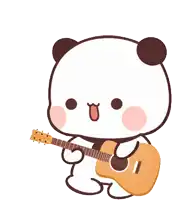 a cartoon panda bear is holding an acoustic guitar with its mouth open