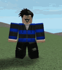 a roblox character wearing a blue and black striped hoodie and ripped jeans
