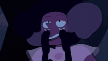 a cartoon character with a purple face and a pink pearl