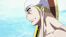 a man with a bandana on his head is holding a stick
