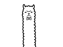 a black and white drawing of an alpaca with a bow tie on its head .