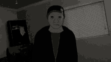 a black and white drawing of a man in a room with his eyes closed .