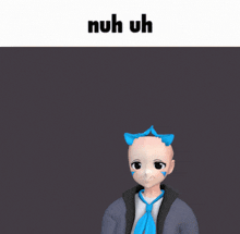 a cartoon character with a blue hand pointing up and the words nuh uh below