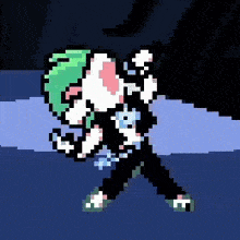 a pixel art of a person with green hair standing on a blue surface .
