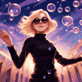 a painting of a woman with bubbles in the background