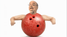 a man with glasses and a bowling ball on his chest