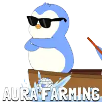 a penguin wearing sunglasses is sitting in a boat with aura farming written below it