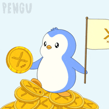 a penguin holding a xrp coin and a flag standing on a pile of xrp coins
