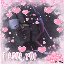 a picture that says i love you with pink hearts around it