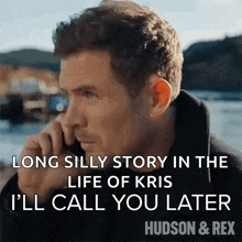 a man talking on a cell phone with the caption long silly story in the life of kris