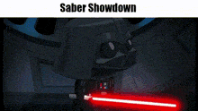 a cartoon of a man with blonde hair and the words saber showdown on the bottom