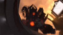 a robot is flying through the air in a video game with a fireball in the background .