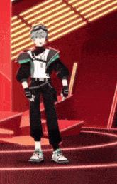 a cartoon character standing in front of a red background