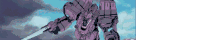 a purple robot with a sword is flying through the air .