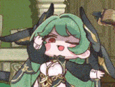 a close up of a cartoon character with green hair and horns in a room .