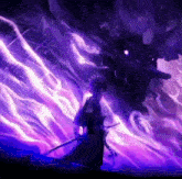 a painting of a man holding a sword in front of a large purple monster