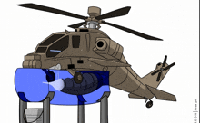 a cartoon drawing of a military helicopter with a blue barrel in the back