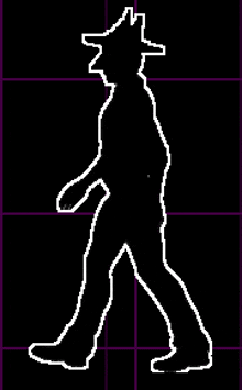 a pixel art silhouette of a man walking on a purple grid .