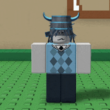 a cartoon character with horns on his head is standing on a green floor