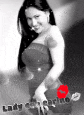a black and white photo of a lady with lady con carino written on the bottom