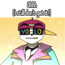 a cartoon character is wearing a hat and sunglasses with the word yo lo on them