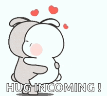 a couple of cartoon rabbits hugging each other with the words `` hug incoming '' .