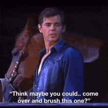 a man standing next to a horse with the words " think maybe you could come over and brush this one " written below him