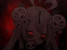 a drawing of a girl with red eyes and a skull on her neck