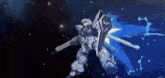 a white robot with a shield and a gun is flying through space