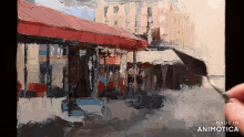 a painting of a red awning is being made in animatica