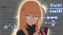 a girl is holding a cell phone in front of a screen that has sin cos written on it