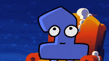 a blue cartoon character is sitting in a chair with popcorn