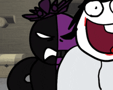 a black and purple cartoon character with a crown on her head