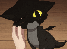 a person petting a black cat that has a yellow eye