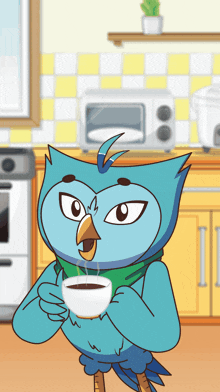 a cartoon of an owl holding a cup of coffee in a kitchen