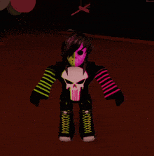a cartoon character with a skull on his shirt