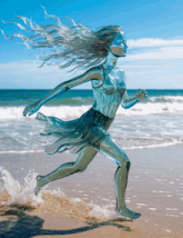 a drawing of a woman running on a beach