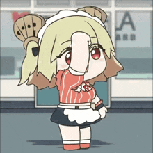 a cartoon of a girl in a maid outfit with the letter a behind her