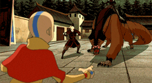 a cartoon of a man standing next to a monster