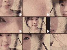 a collage of images of a woman 's face with hearts in the middle