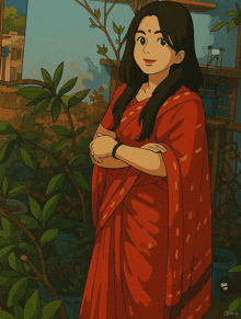 a cartoon drawing of a woman in a red dress